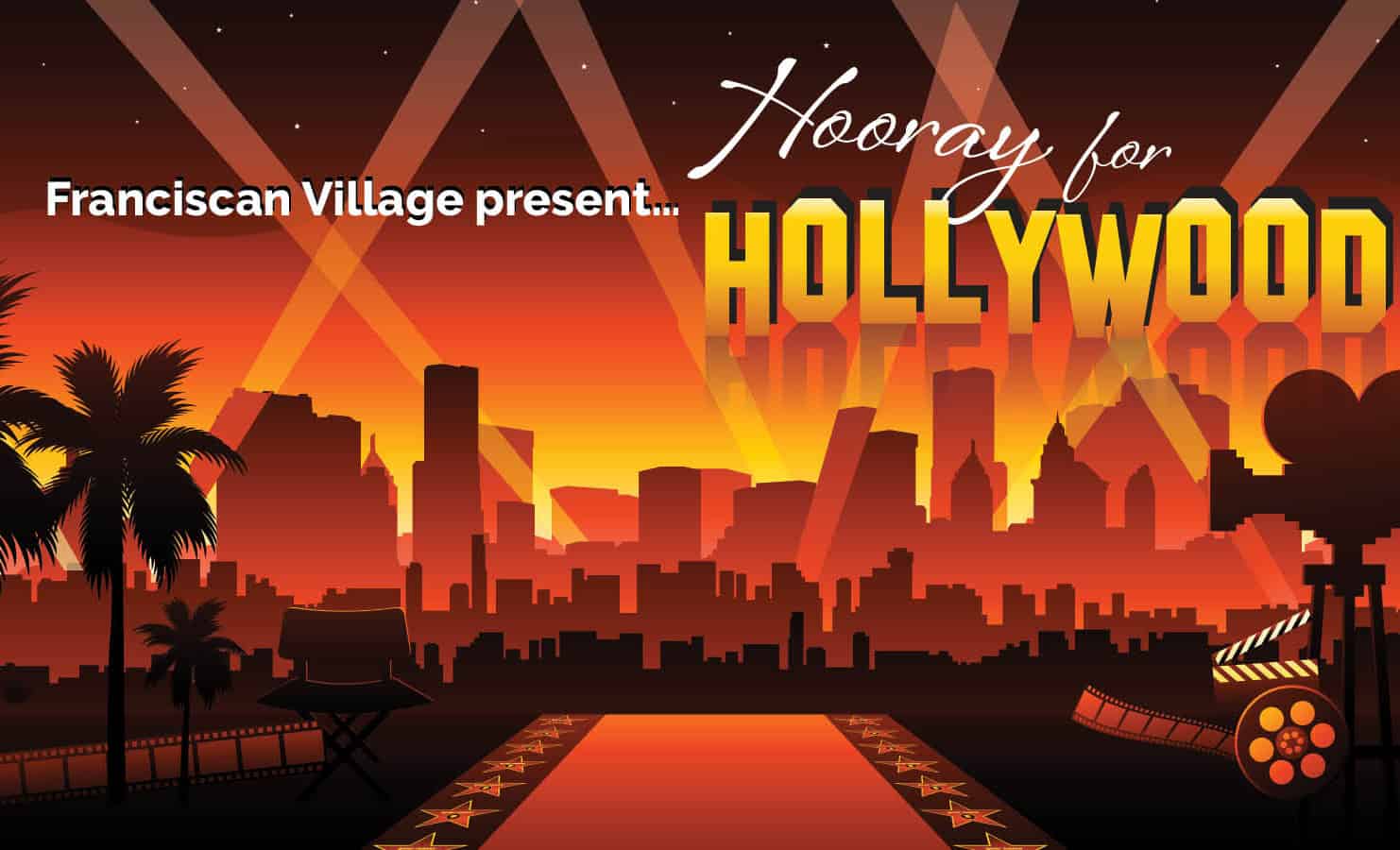 Hollywood-themed event poster with red carpet skyline