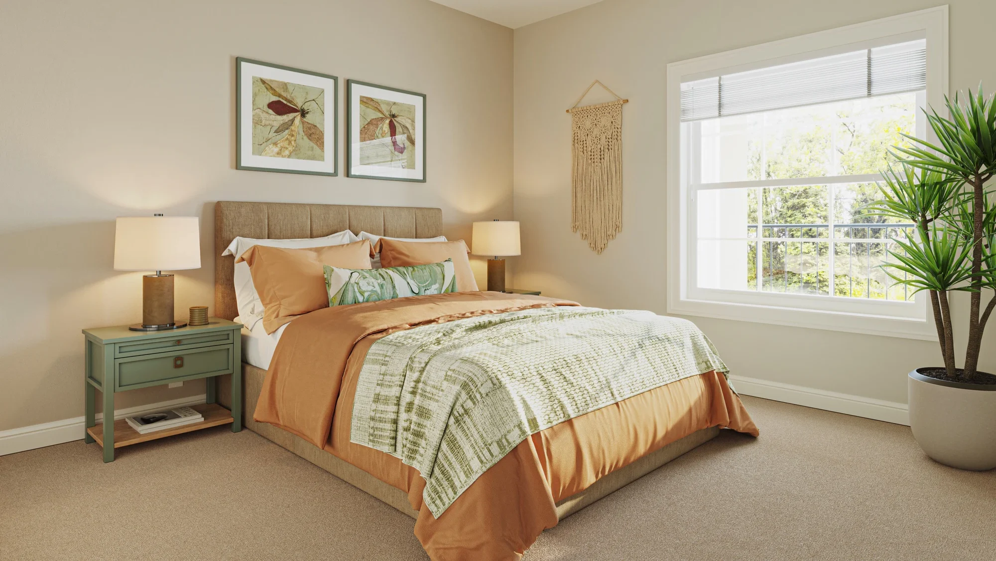 University Place Living Cozy bedroom with botanical decor and large window