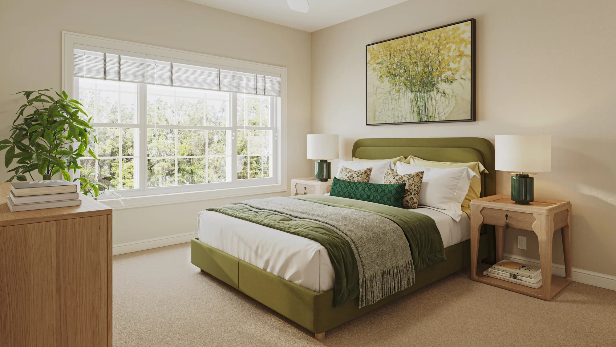 University Place Living Bright modern bedroom with green upholstered bed