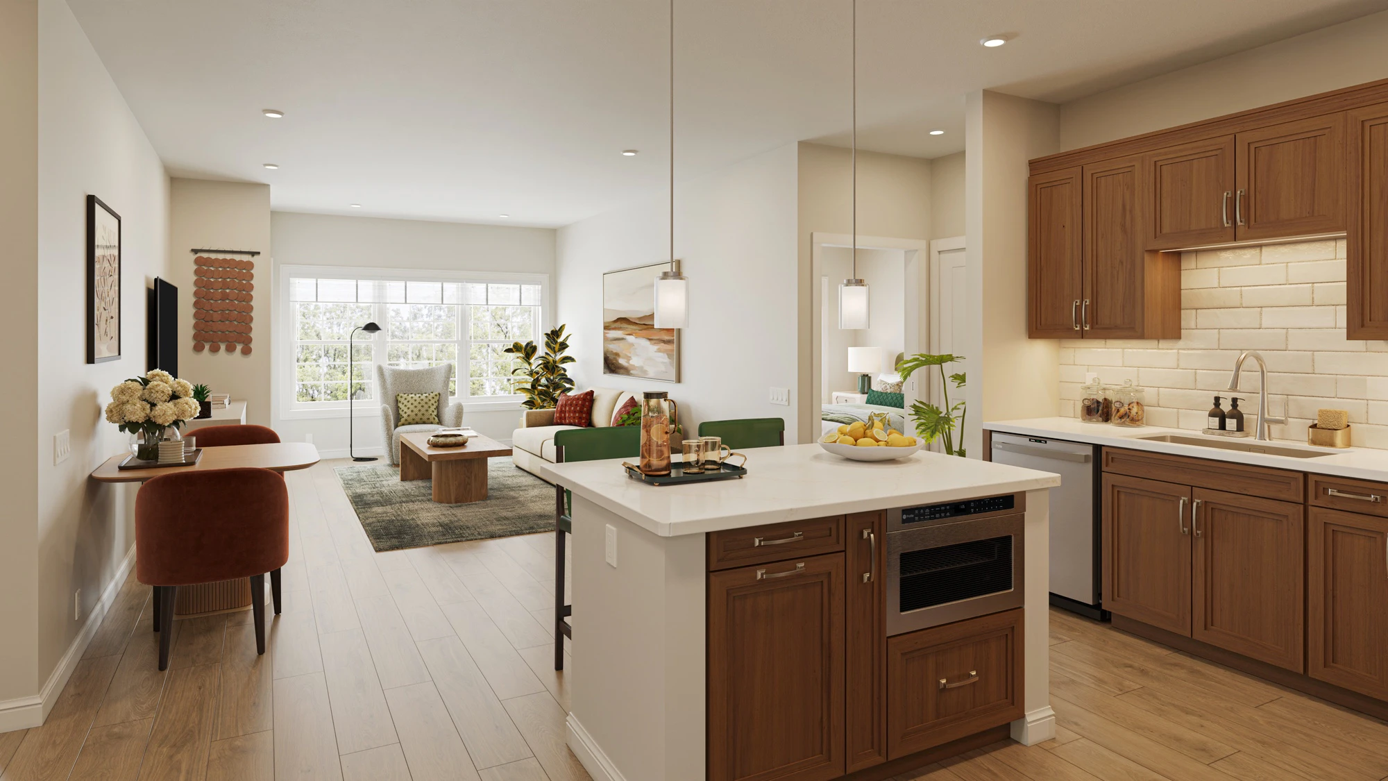University Place Living Modern open-concept kitchen and living room interior