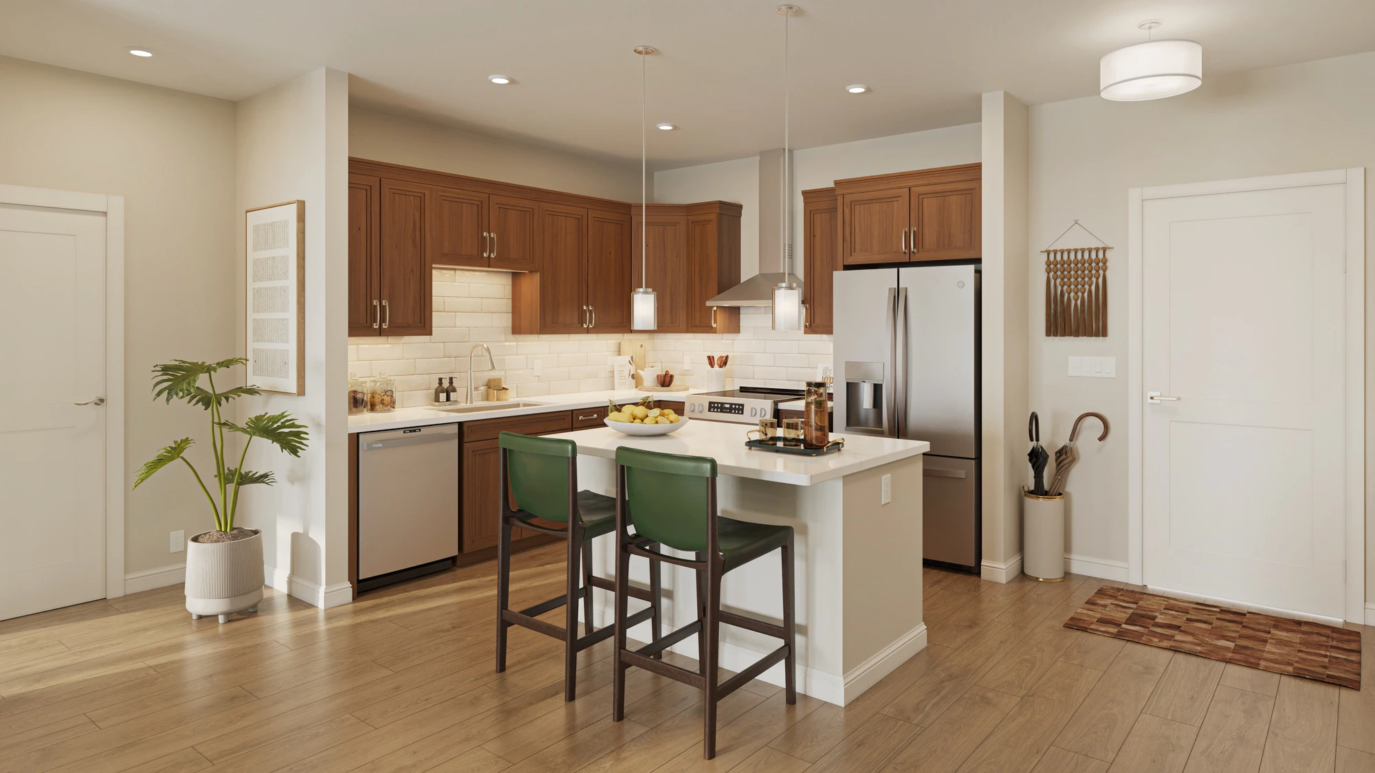 University Place Living Modern kitchen with wood cabinets and island seating