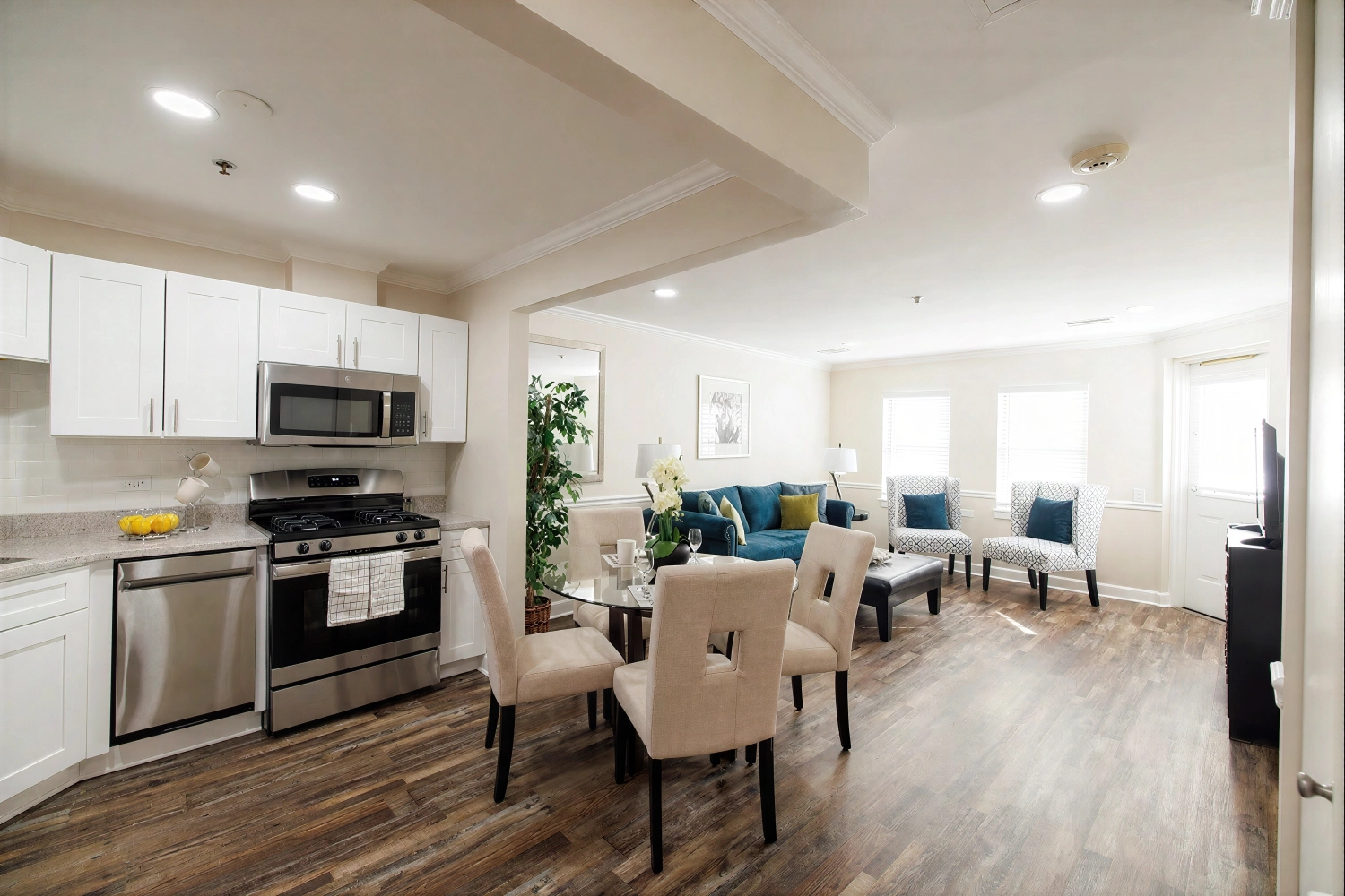Open-concept kitchen and living room with modern decor