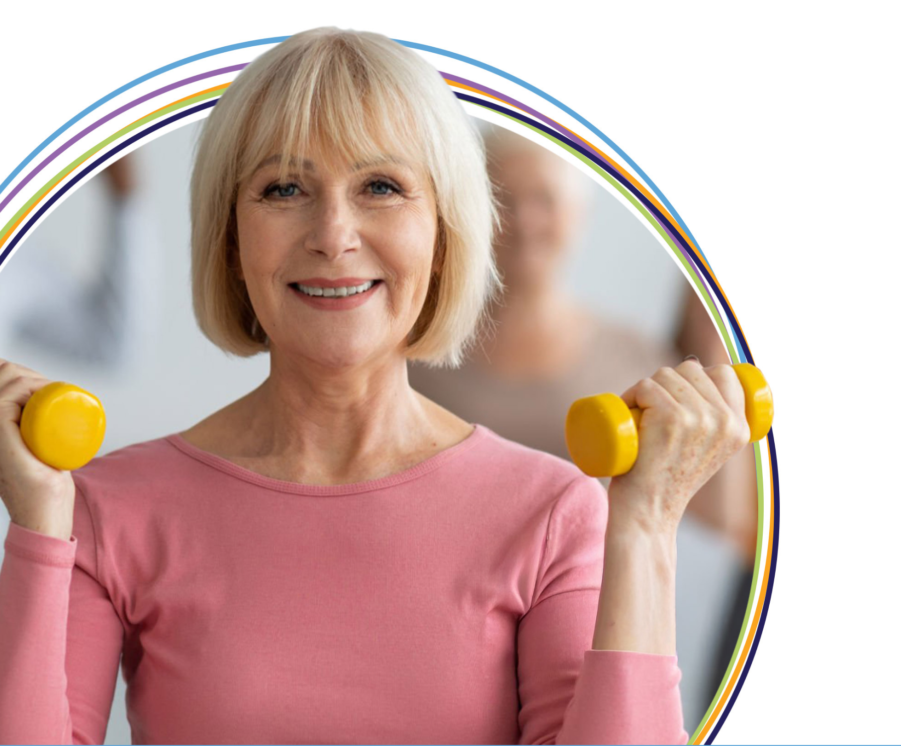 Smiling older woman lifting yellow dumbbells indoors