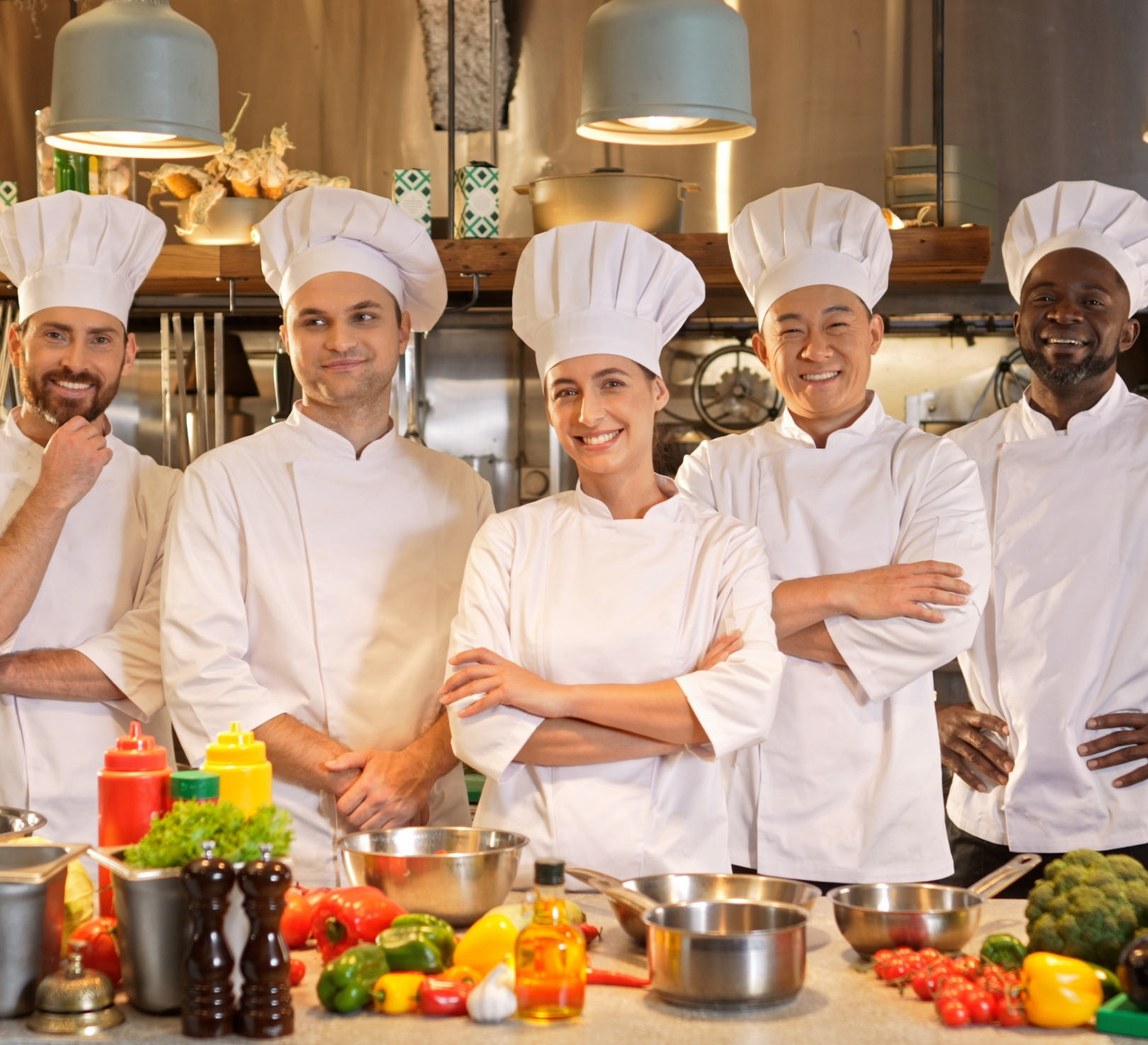 Five chefs posing in commercial kitchen