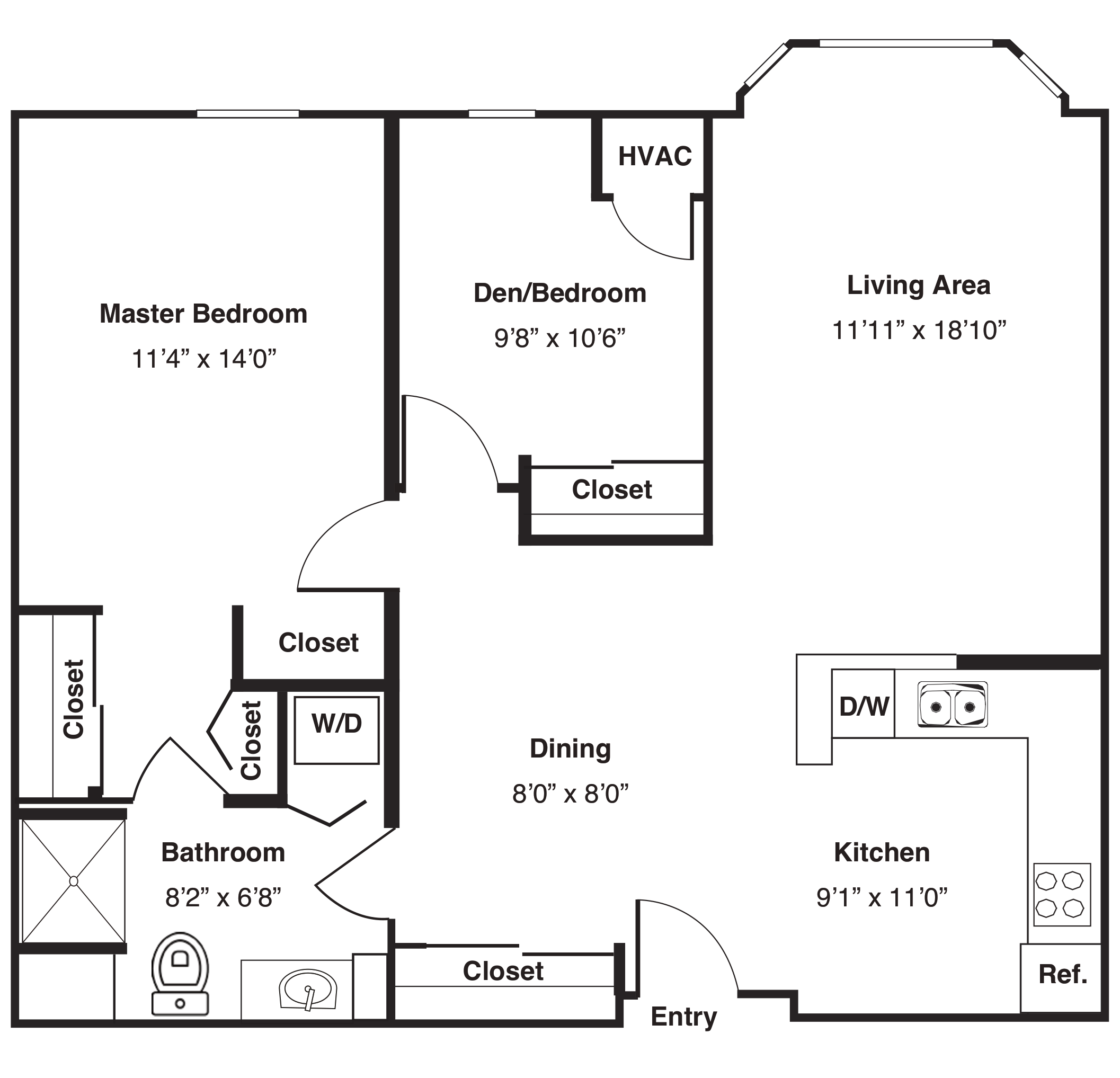 Two-bedroom apartment floor plan with dimensions labeled