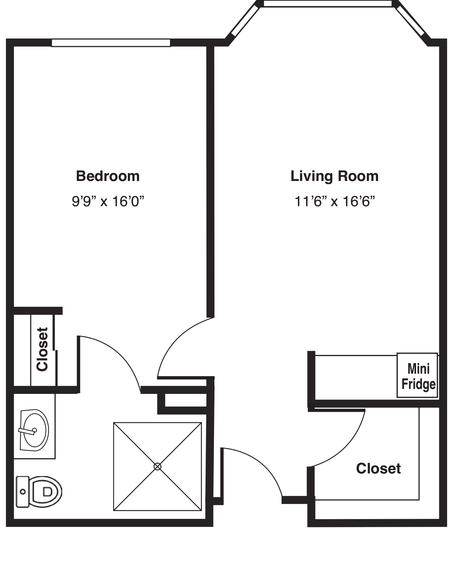 One-bedroom apartment floor plan with dimensions