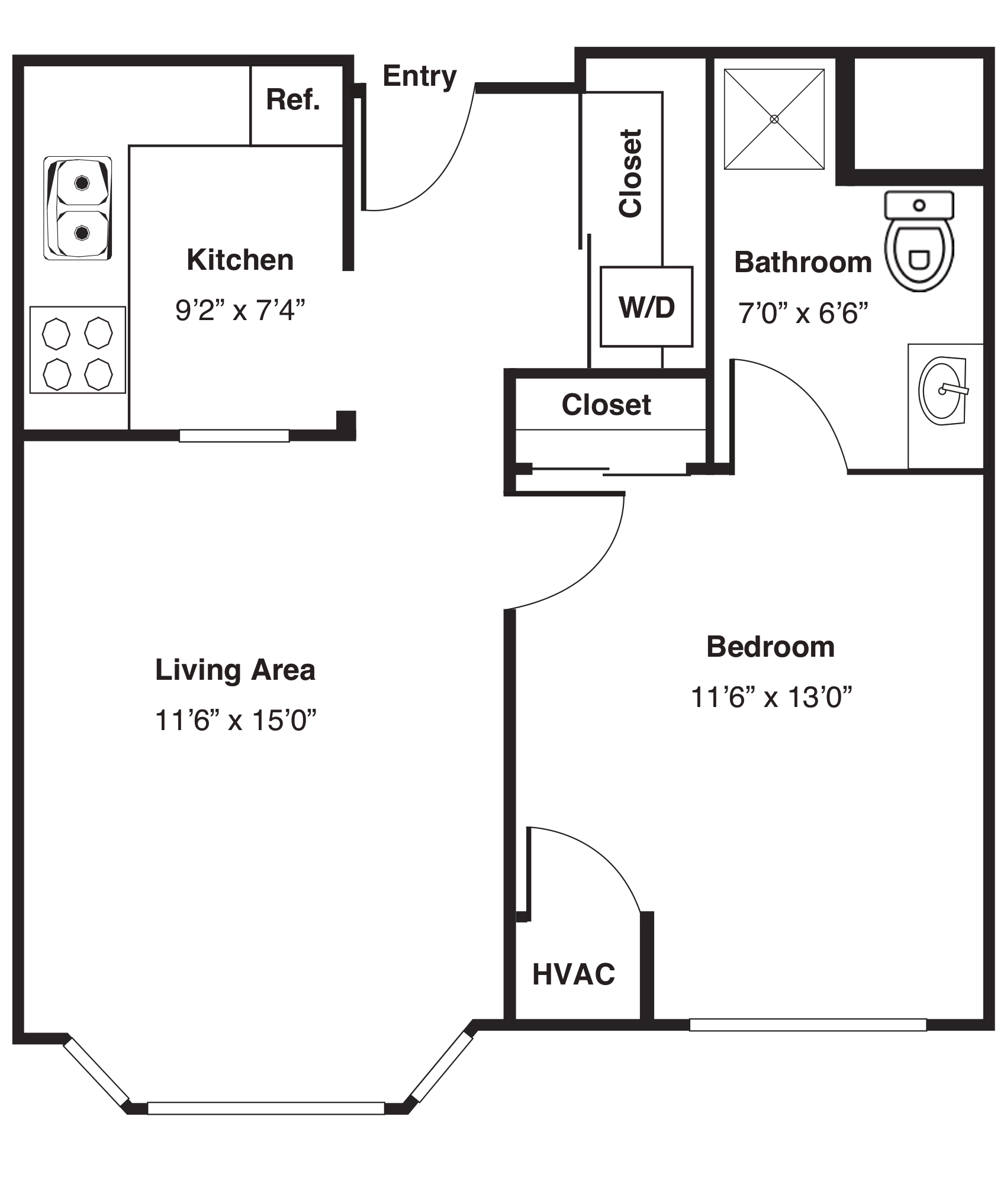 One-bedroom apartment floor plan with labeled dimensions