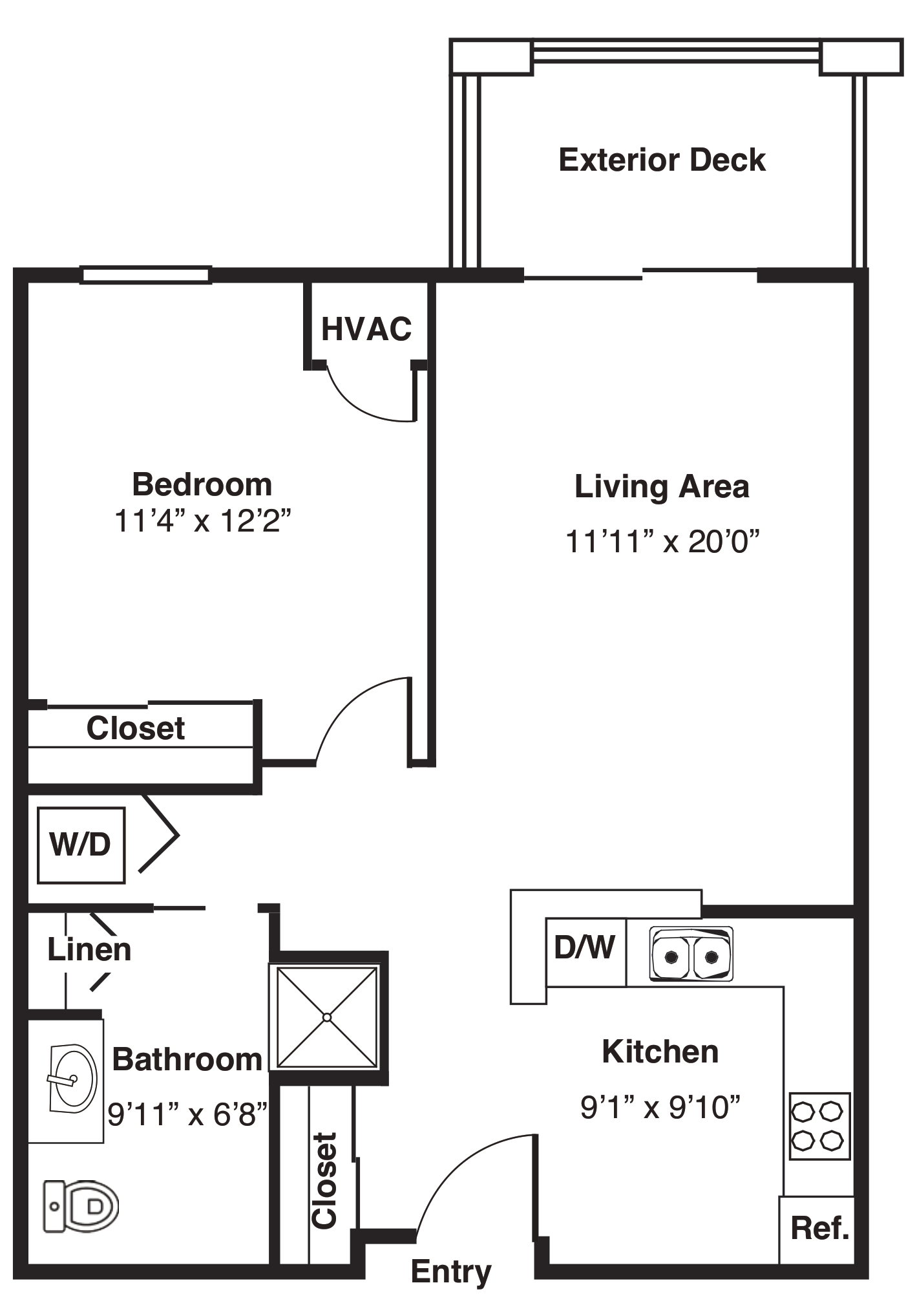 One-bedroom apartment floor plan with exterior deck