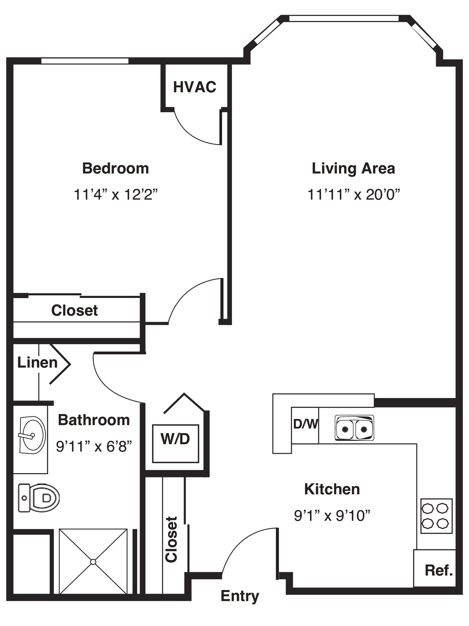 One-bedroom apartment floor plan with dimensions