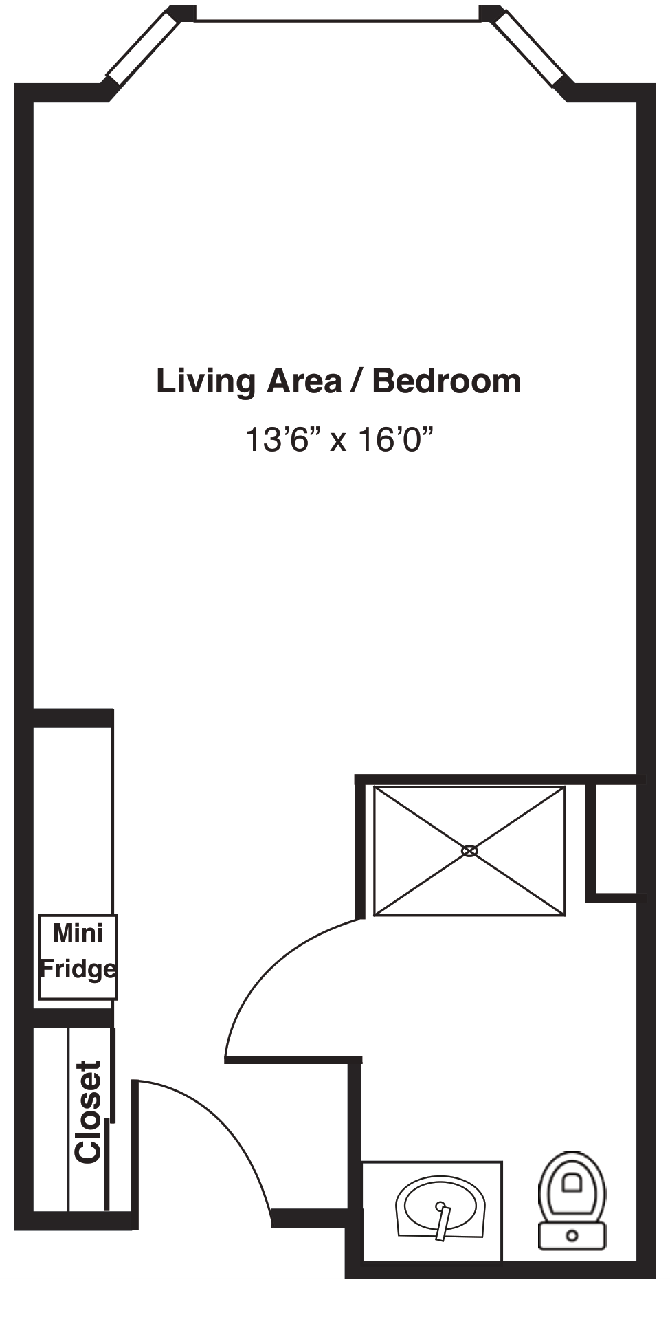 Studio floor plan with bathroom and closet
