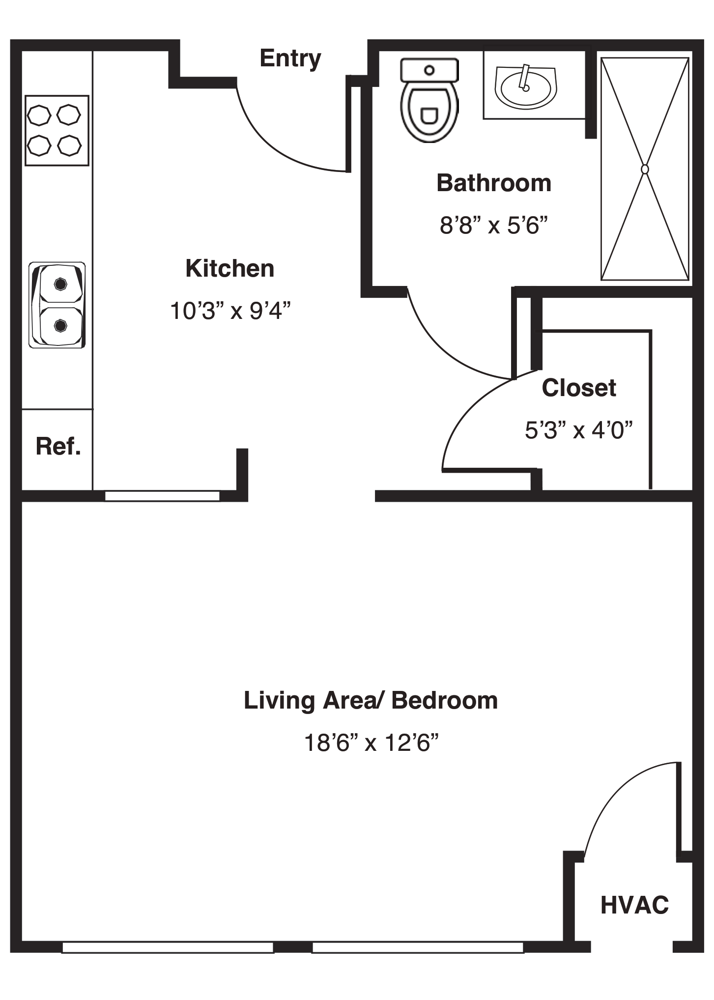 Studio apartment floor plan with labeled dimensions