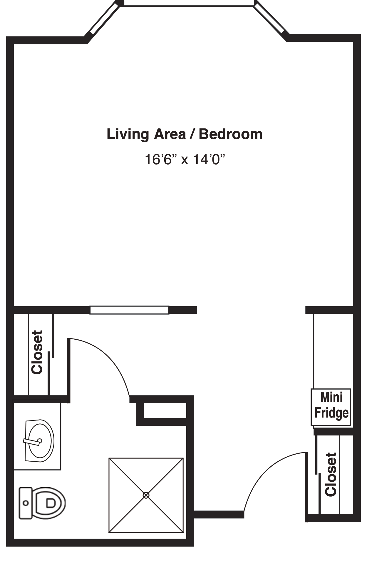 Studio floor plan with bathroom and closets