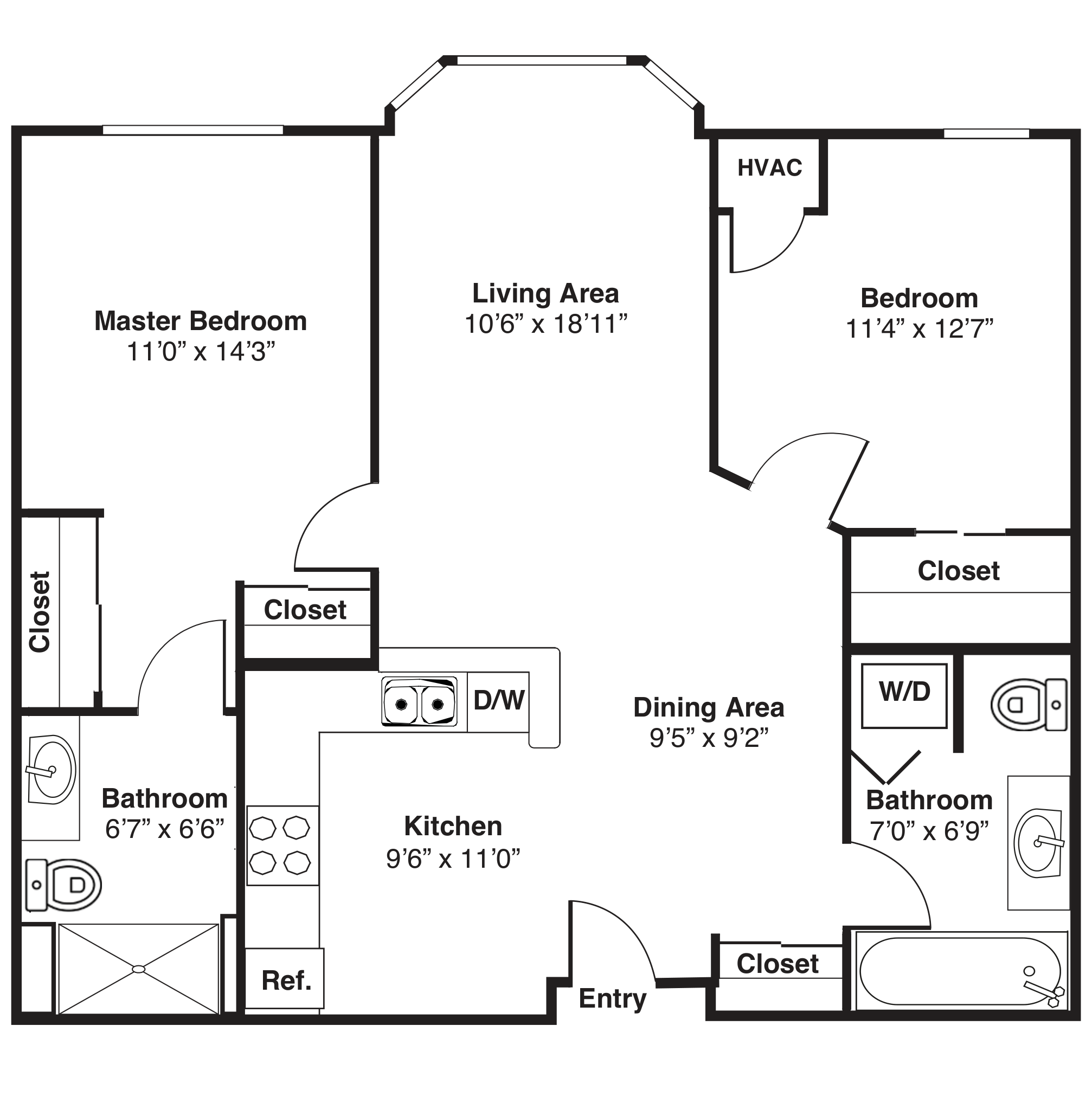 Two-bedroom apartment floor plan with dimensions