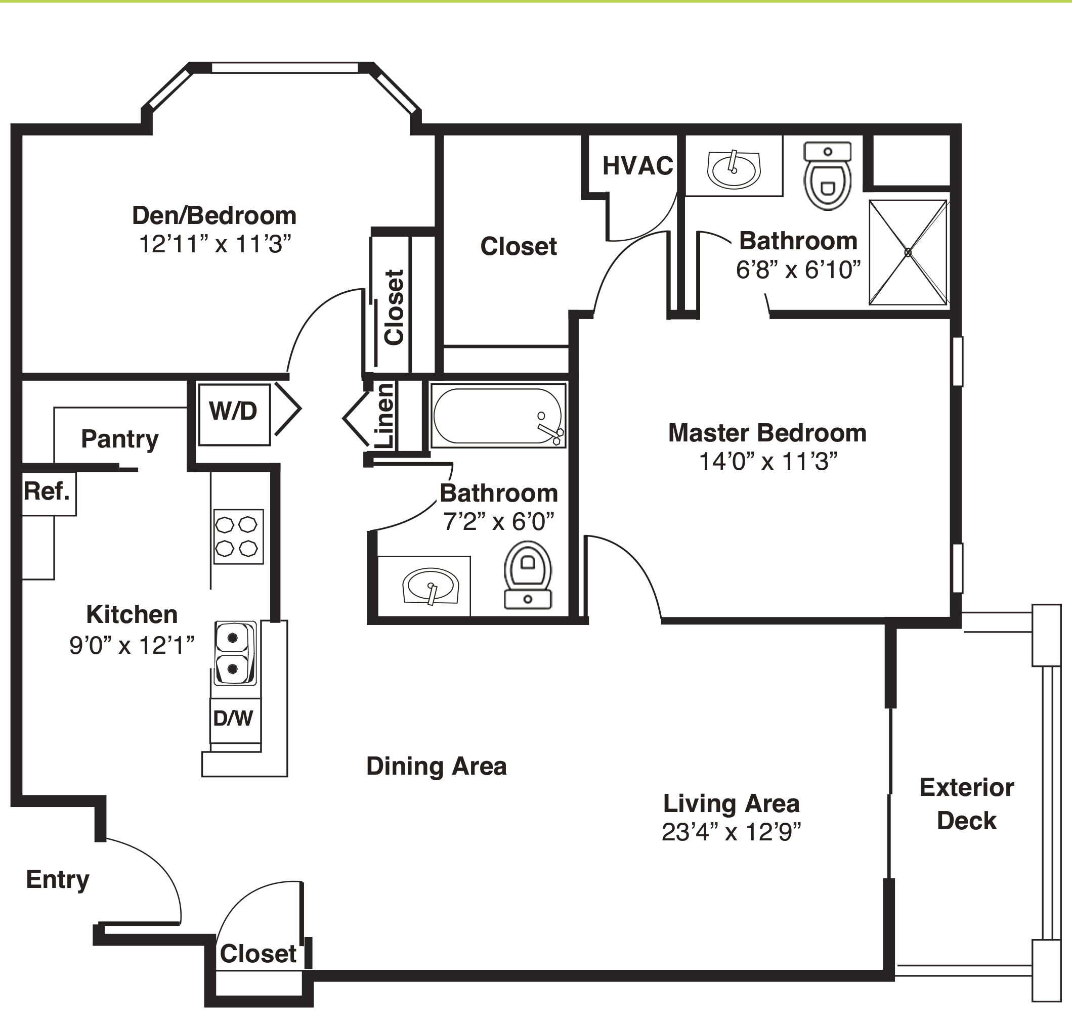 Two-bedroom apartment floor plan with deck