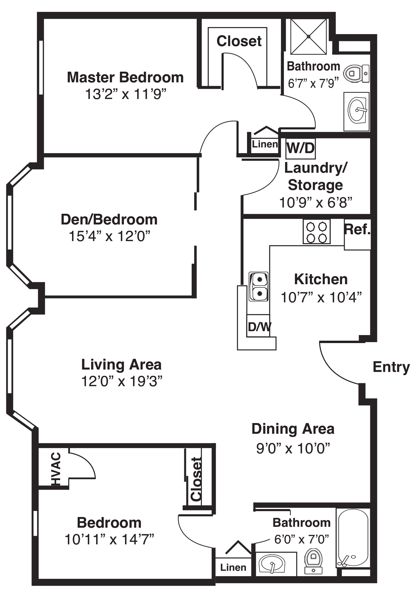 Three-bedroom apartment floor plan with dimensions