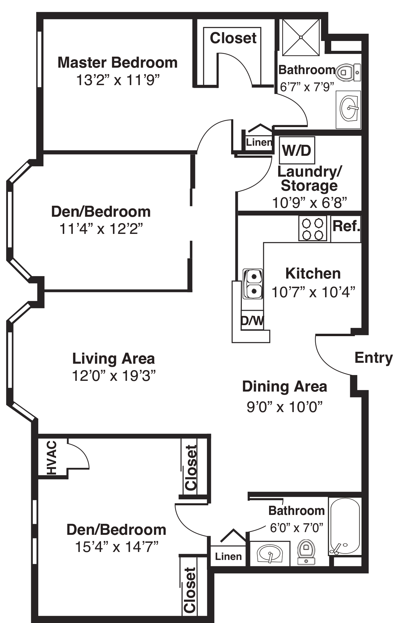 Two-bedroom apartment floor plan with dimensions