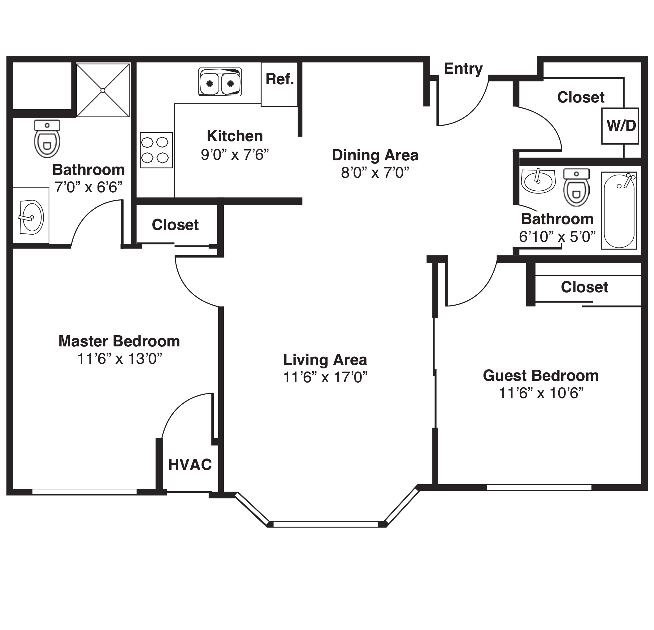 Two-bedroom apartment floor plan with dimensions labeled