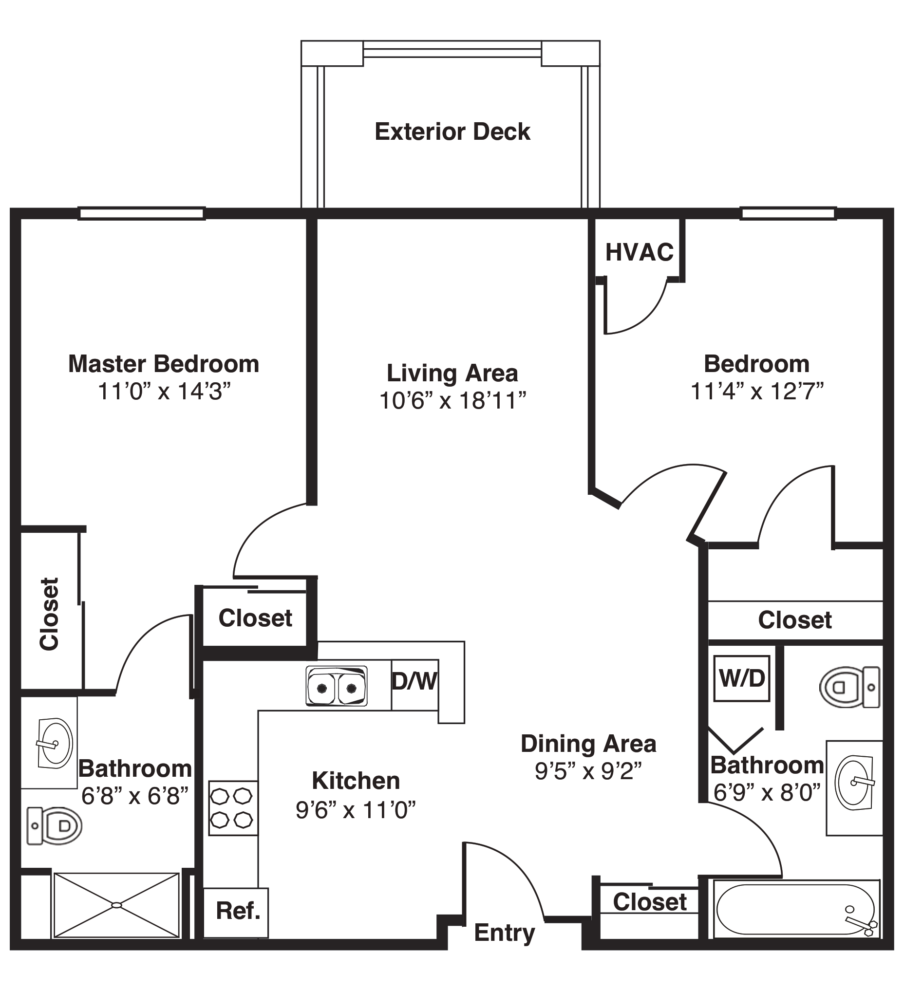 Two-bedroom apartment floor plan with deck