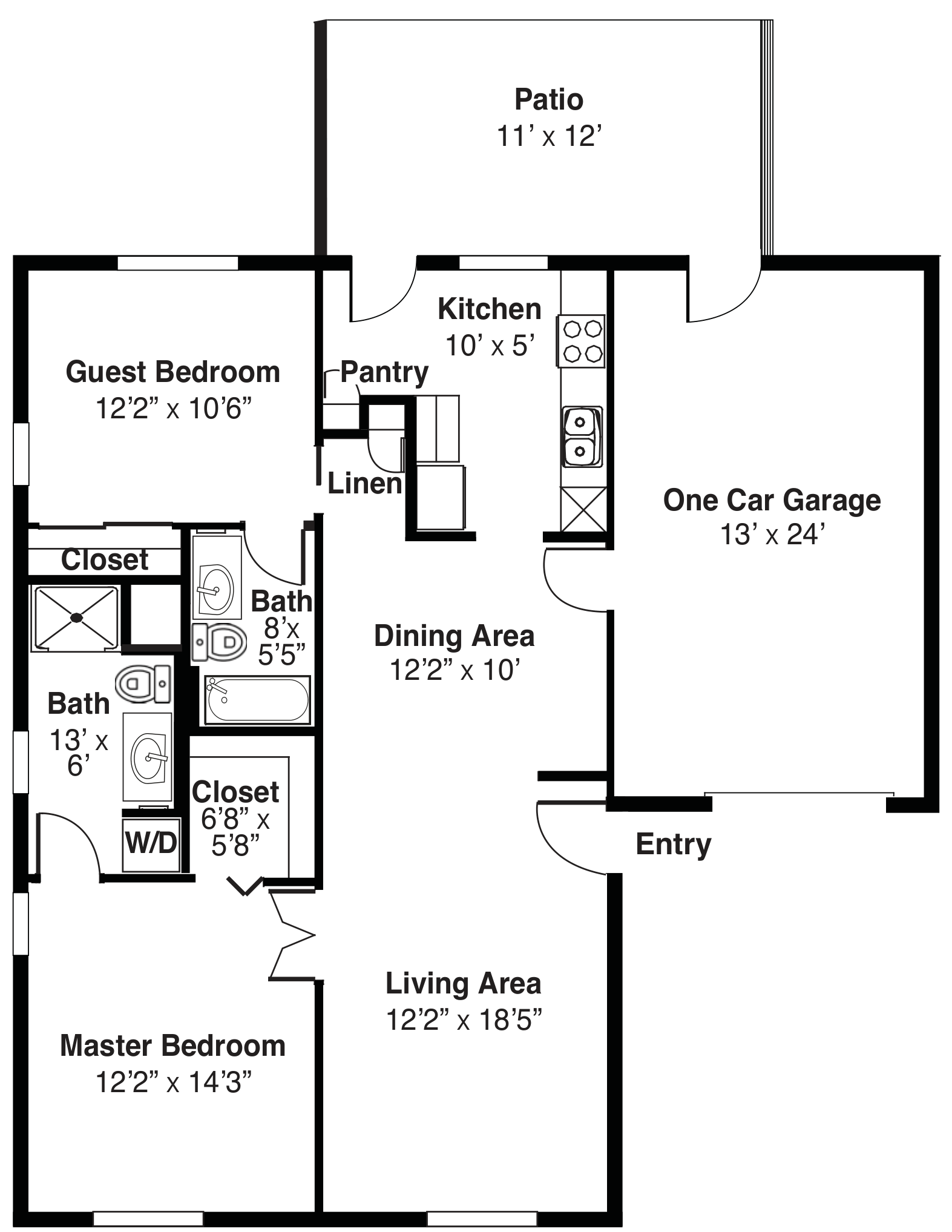 Two-bedroom home floor plan with garage and patio