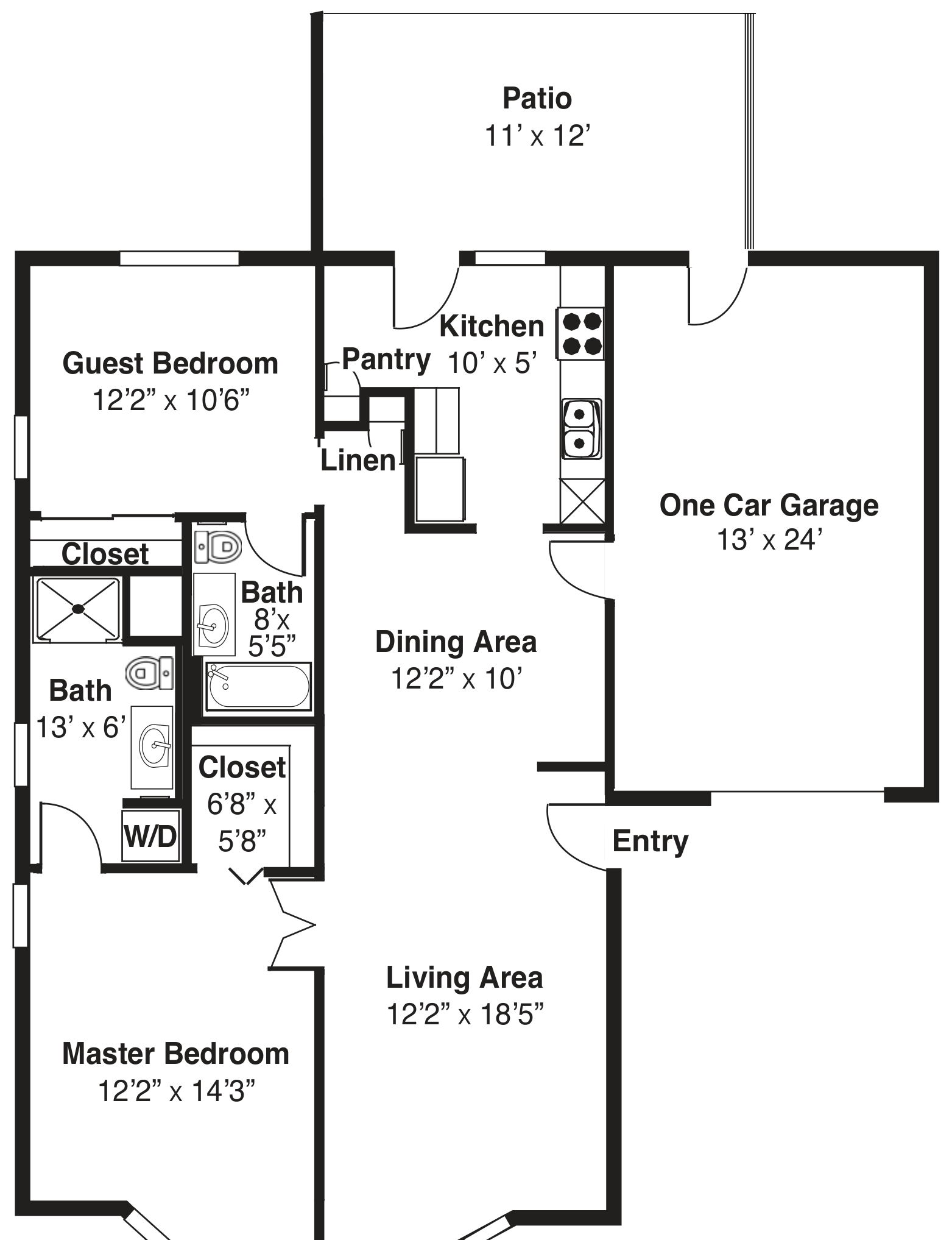 Two-bedroom home floor plan with garage and patio