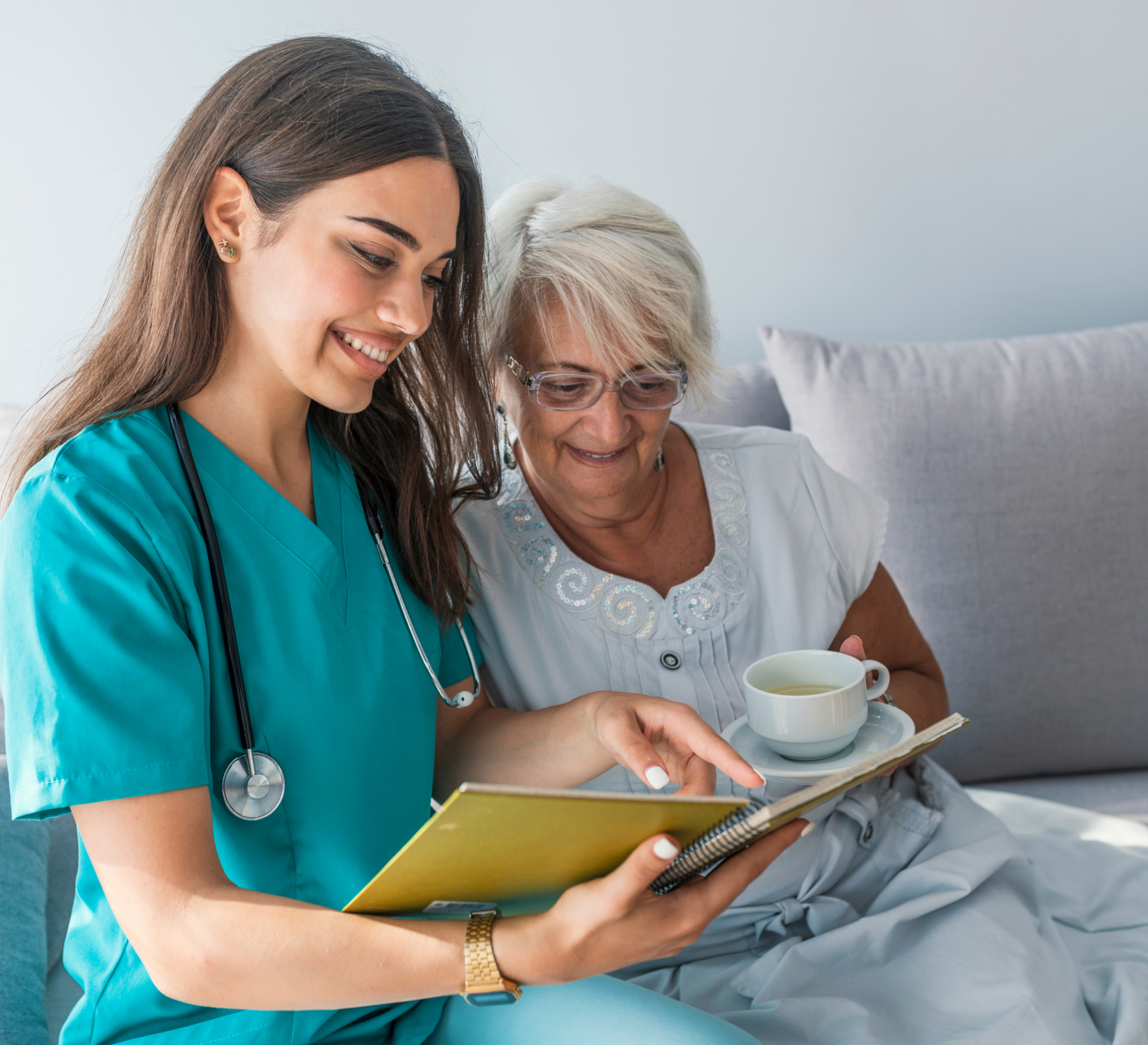 Nurse reading notebook with elderly woman at home