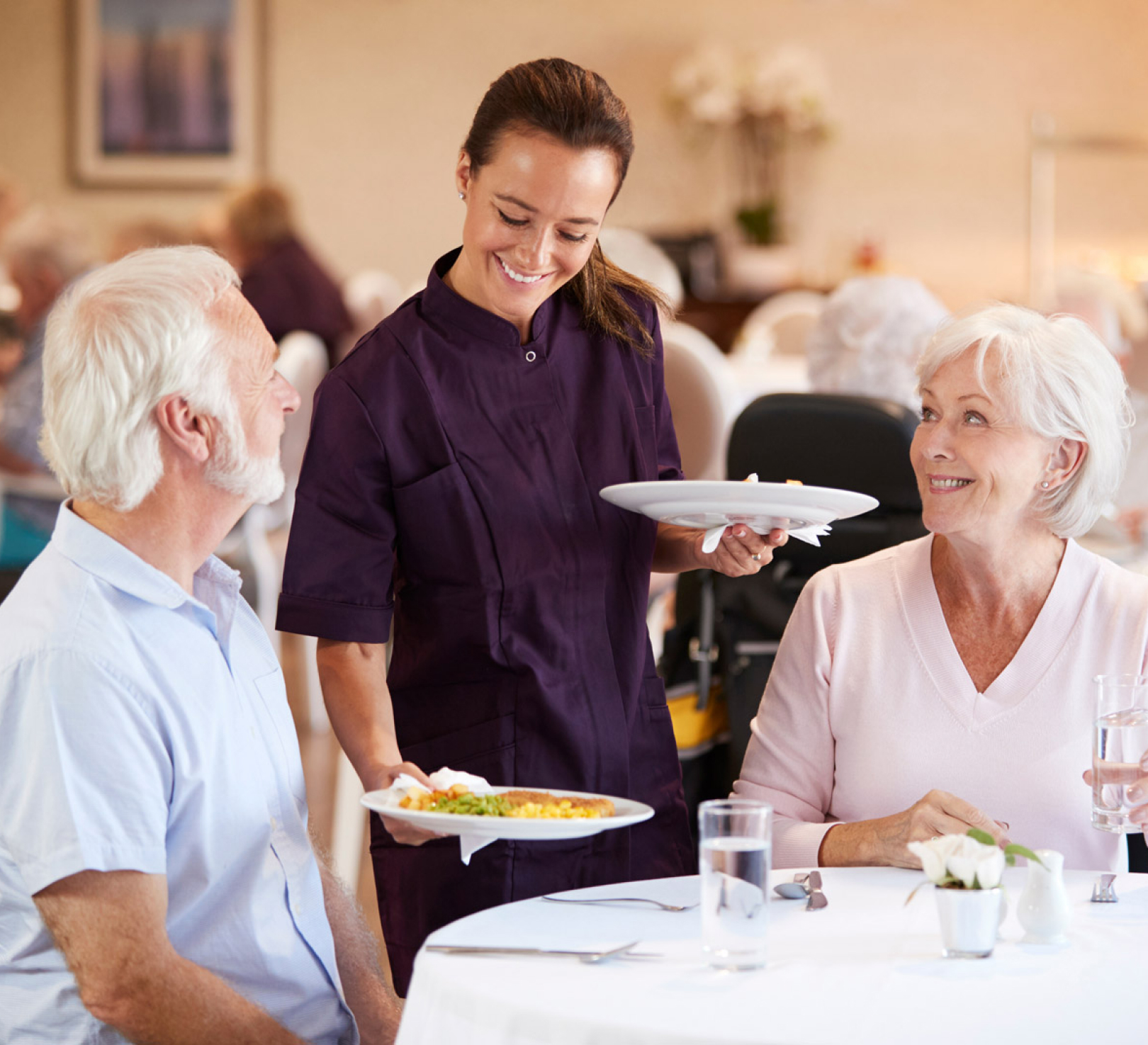 Caregiver serving meal to elderly couple indoors