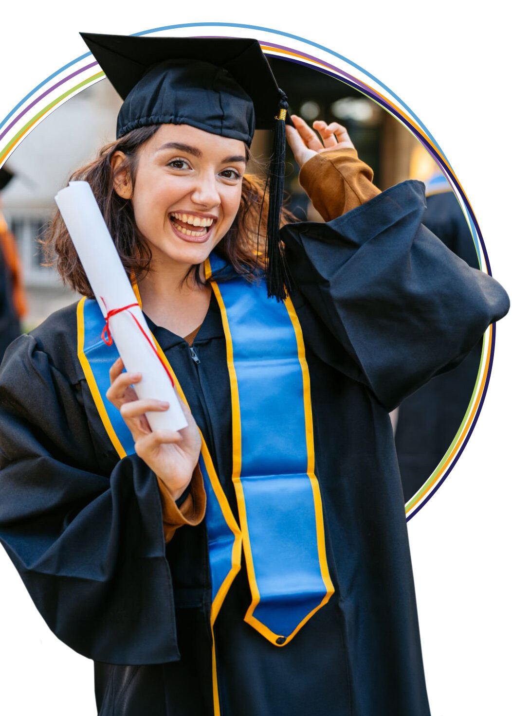 Smiling graduate holding diploma in cap and gown