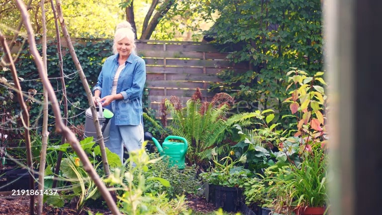 Woman watering plants in lush backyard garden