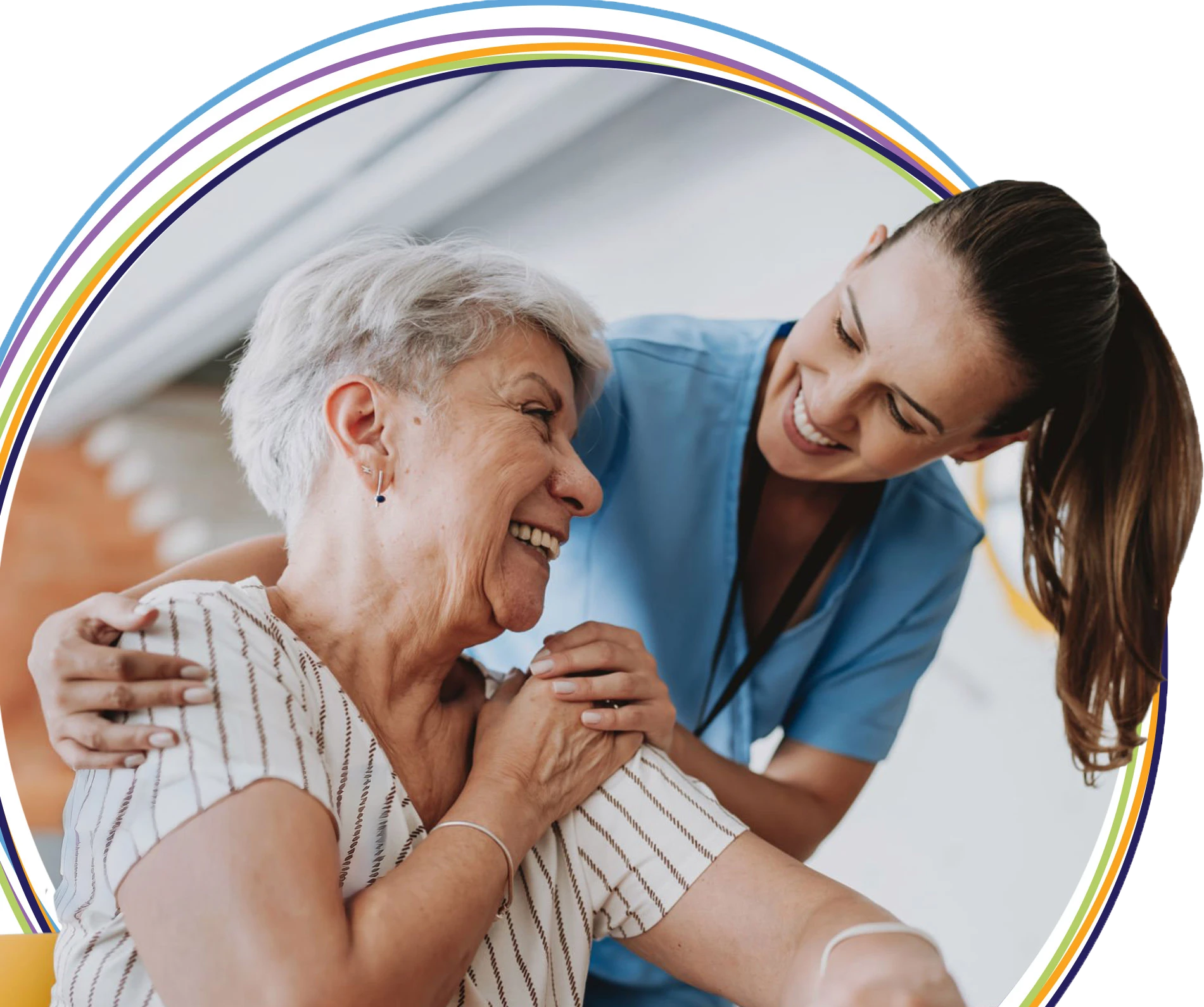 Caregiver assisting smiling elderly woman at table