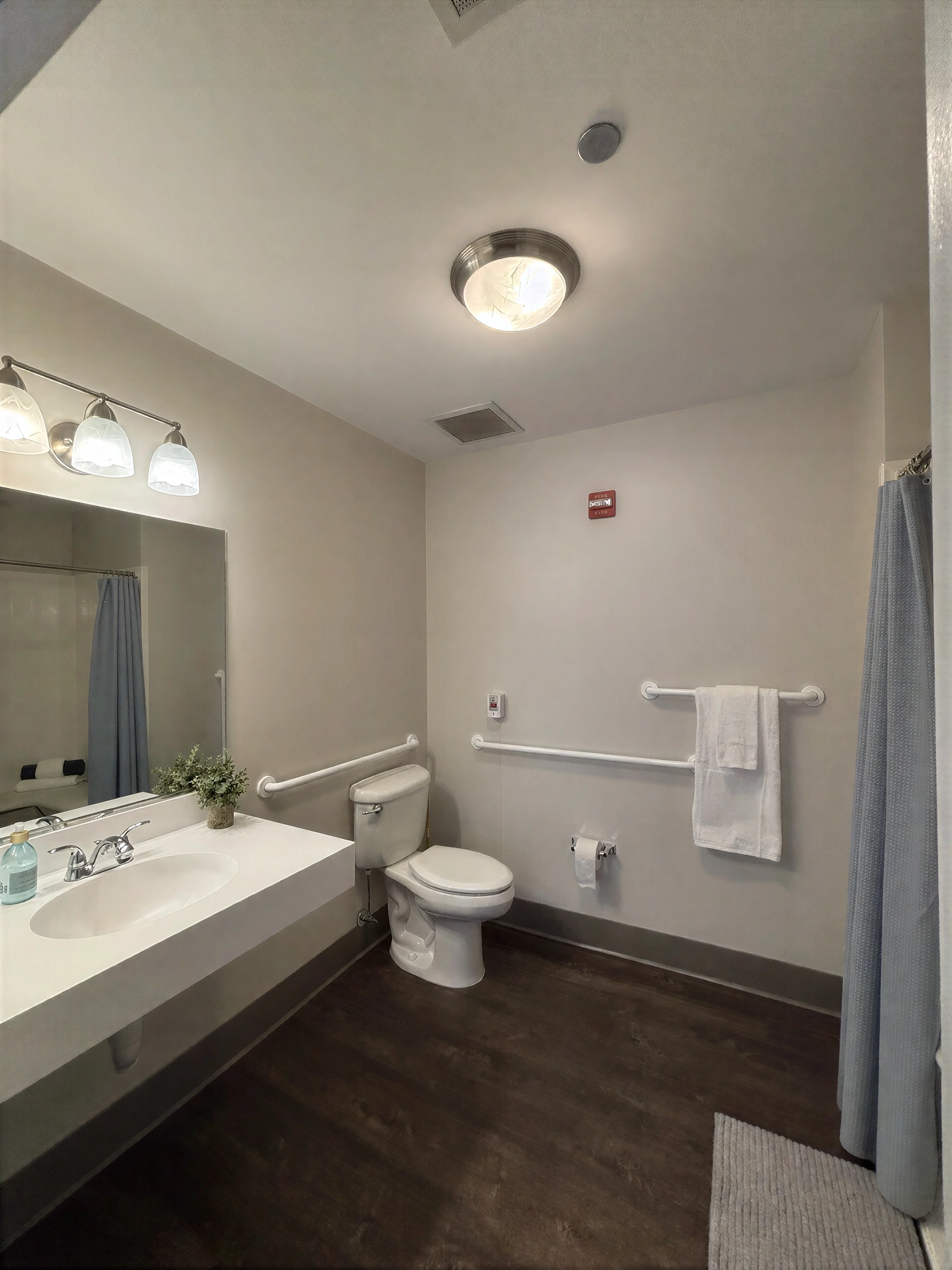 Accessible bathroom with grab bars and shower curtain