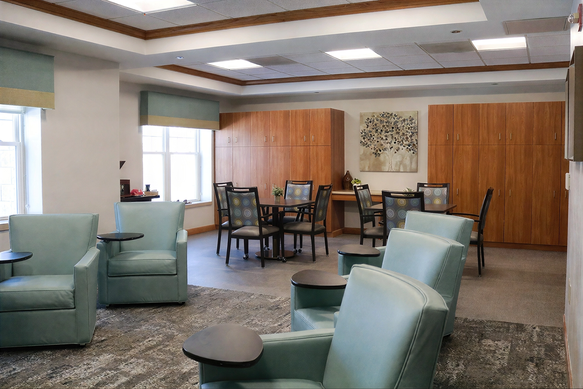 Modern lounge with teal chairs and wooden cabinets
