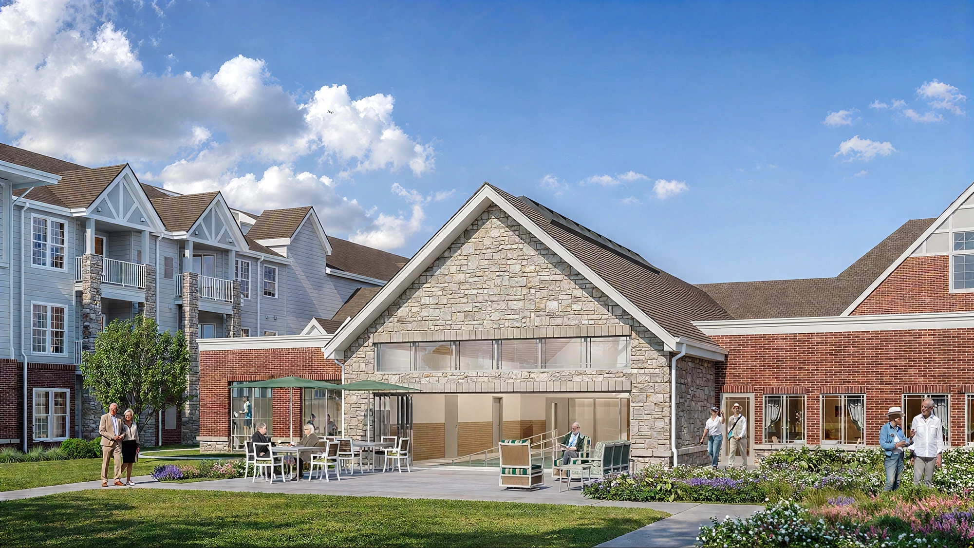 Senior living community courtyard with residents outdoors
